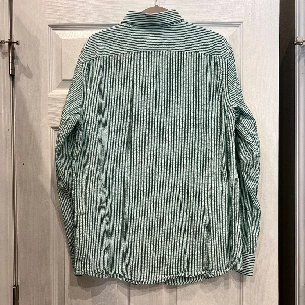 Banana Republic Button Down Shirt Cotton Seersucker Green White Striped Preppy L